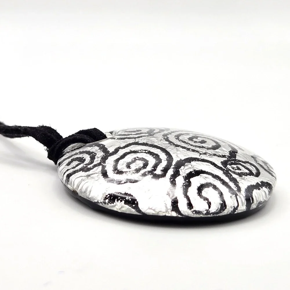 Round Dichroic Glass Pendant Necklace Black Swirls Suede Cord Adjustable Closure